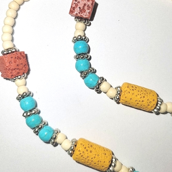 Lava/Howlite, Boho Heart,Statement Necklace w/Red Pendant & Silvertone Accent - Picture 6 of 8